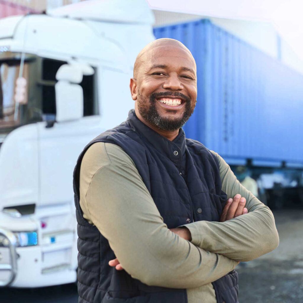 Smiling logistics manager standing in front of a freight truck
