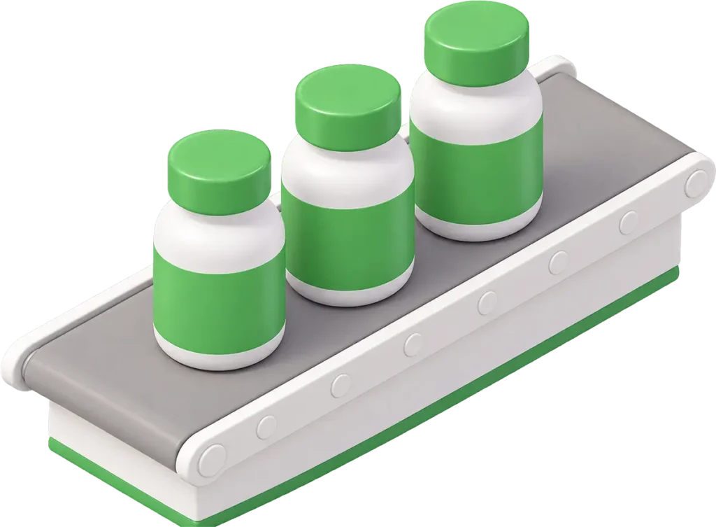 Supplement bottles on a production conveyor belt
