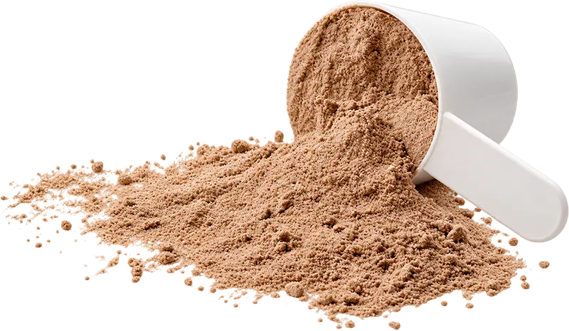 Tipped-over scoop with collagen peptide powder spilling out