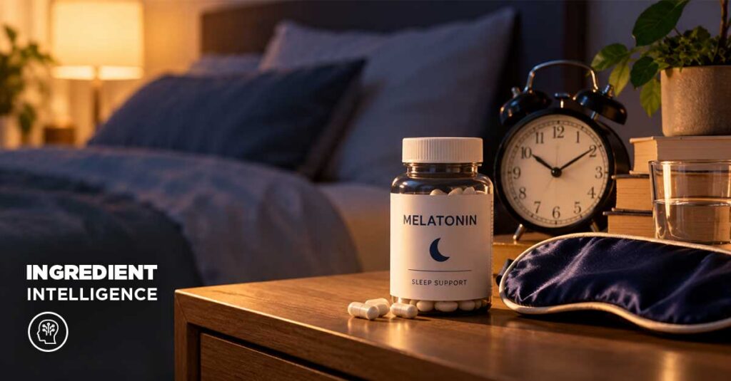 Melatonin supplement bottle, alarm clock and sleep mask on a nightstand at night